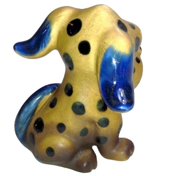 Small Ceramic Brown Spotted Dog with Blue Ears and Tail - Picture 3 of 7